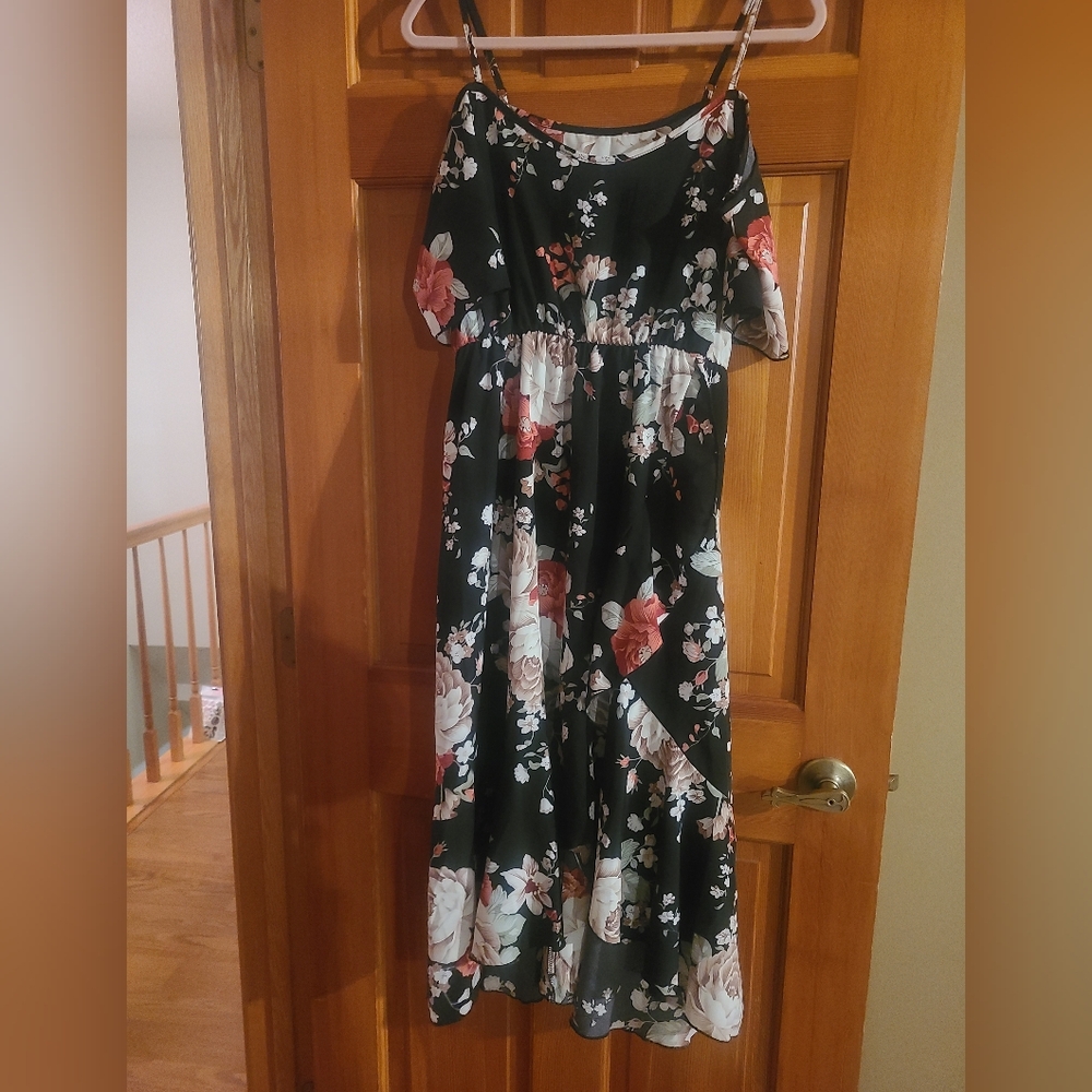 Floral Black and Pink Red Cold Shoulder Dress